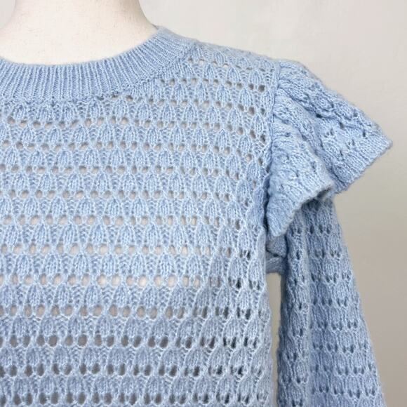 Ann Taylor LOFT Blue Pointelle Lace Knit Ruffle Feminine Long Sleeve Sweater NWT - Picture 5 of 10